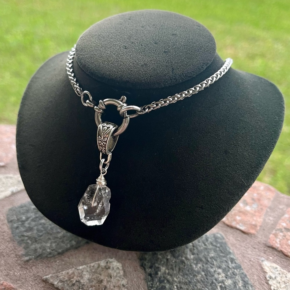 Genuine big herkimer diamond stainless steel wheat chain clasp in front necklace - Picture 15 of 15